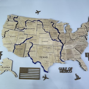 Houten USA wandkaart, houten wandkaart 3D, Led reiskaart kunst, nachtlampje wandkaart, wandkaart muurschildering oversized, USA wandkaart