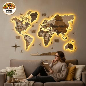 Mapa Mundi de Madeira com Retroiluminação LED - Decoração de Parede 3D, Arte de Parede de Madeira Iluminada