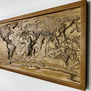 Kantoormuurkunstdecor, vintage houten wereldkaart, topografische kaart, 3D houten kaart, 3D wereldkaart, houten reiskaart 100x50x5 cm (39,4x19,7x2 in)