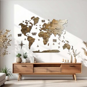 3D-Weltkarte als Wandkunst, Push-Pin-Reisekarte, Wohndekor, Holzkarte der Welt, Geburtstagsgeschenk für Freund, geliebten Menschen, Familie, braune Farbe