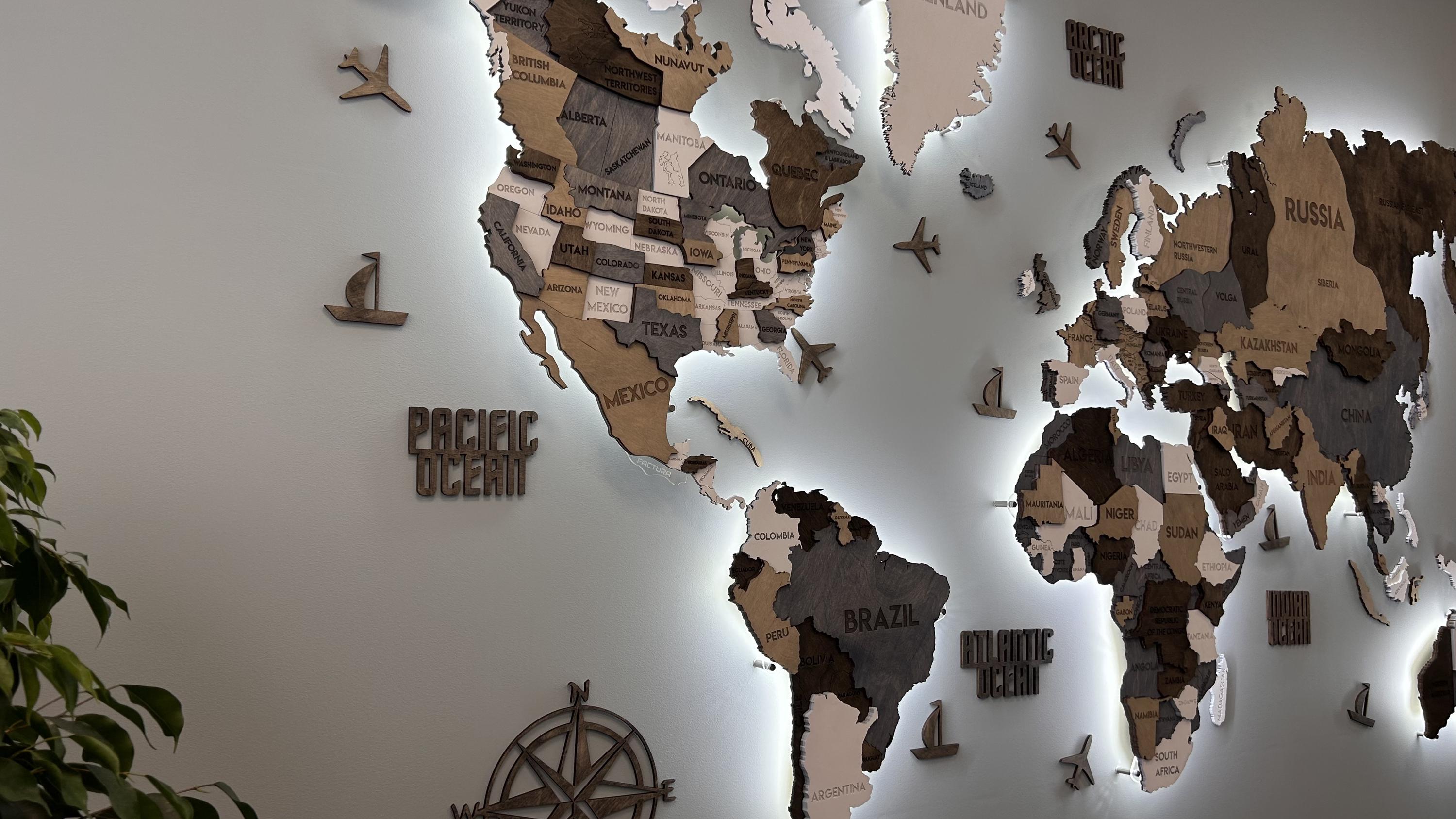 Wooden World Map With LED Backlight – 3D Multicolor Wall Art, Rustic ...
