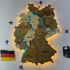 Mappa della Germania in legno, arte da parete a LED, mappa della Germania con fiumi, decorazione scolastica, regalo di anniversario, poster di mappa moderna per casa o ufficio