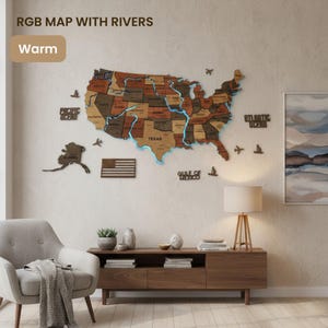 May include: A wooden map of the United States with illuminated rivers and state outlines. The map is in warm tones and includes the text "RGB MAP WITH RIVERS" and "Warm". Additional wooden cutouts of the American flag, Alaska, and other decorative elements are also present.