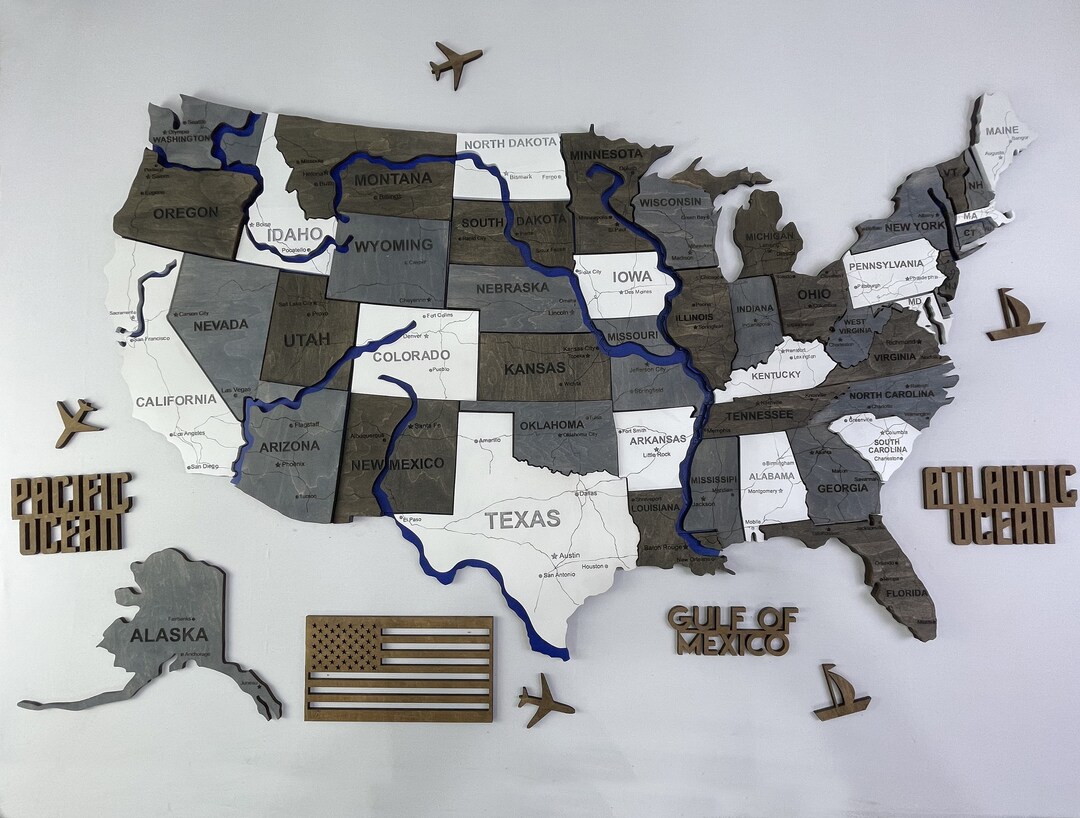3D USA Map With Rivers and Roads, Color Loft, Wooden Travel Map, 3D ...