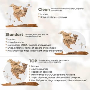 Op de afbeelding: Een houten wereldkaart met drie varianten genaamd Clean, Standart en TOP. Elke versie toont Noord-Amerika met grenzen, schepen, vliegtuigen en een kompas. De Standart en TOP versies bevatten namen van landen en staten.