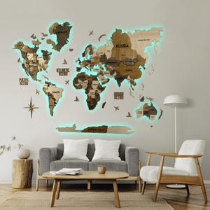 Carte du monde LED – Cadeau pour les amateurs de voyage – Décoration murale unique pour appartement, cadeau d'anniversaire pour papa, carte du monde en bois 3D