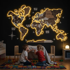 May include: A large wooden world map wall art piece featuring multi-tonal brown wood pieces, glowing warm LED backlighting, and white text labels for continents and oceans. Decorative wooden airplanes and sailboats are placed around the map.
