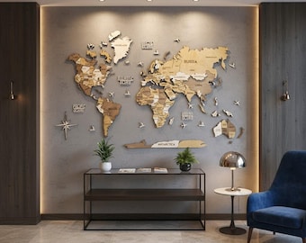 Houten wereldkaart - Groot 3D-wanddecoratie voor luxe woningen en kantoren, hoogwaardige houten kaartdecoratie voor moderne interieurs en hotellobby's