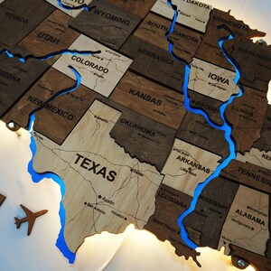 Light Up Wooden USA Map – Illuminated 3D Wall Map Of United States With Rivers & States, Handmade Wood Art, Large Rustic Travel Decor Gift