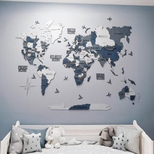 Wooden World Map With LED – 3D Wall Art, Educational Blue Wood Wall Map, Handmade Geography Decor, Push Pin Travel Map, Nursery Or Kids Room