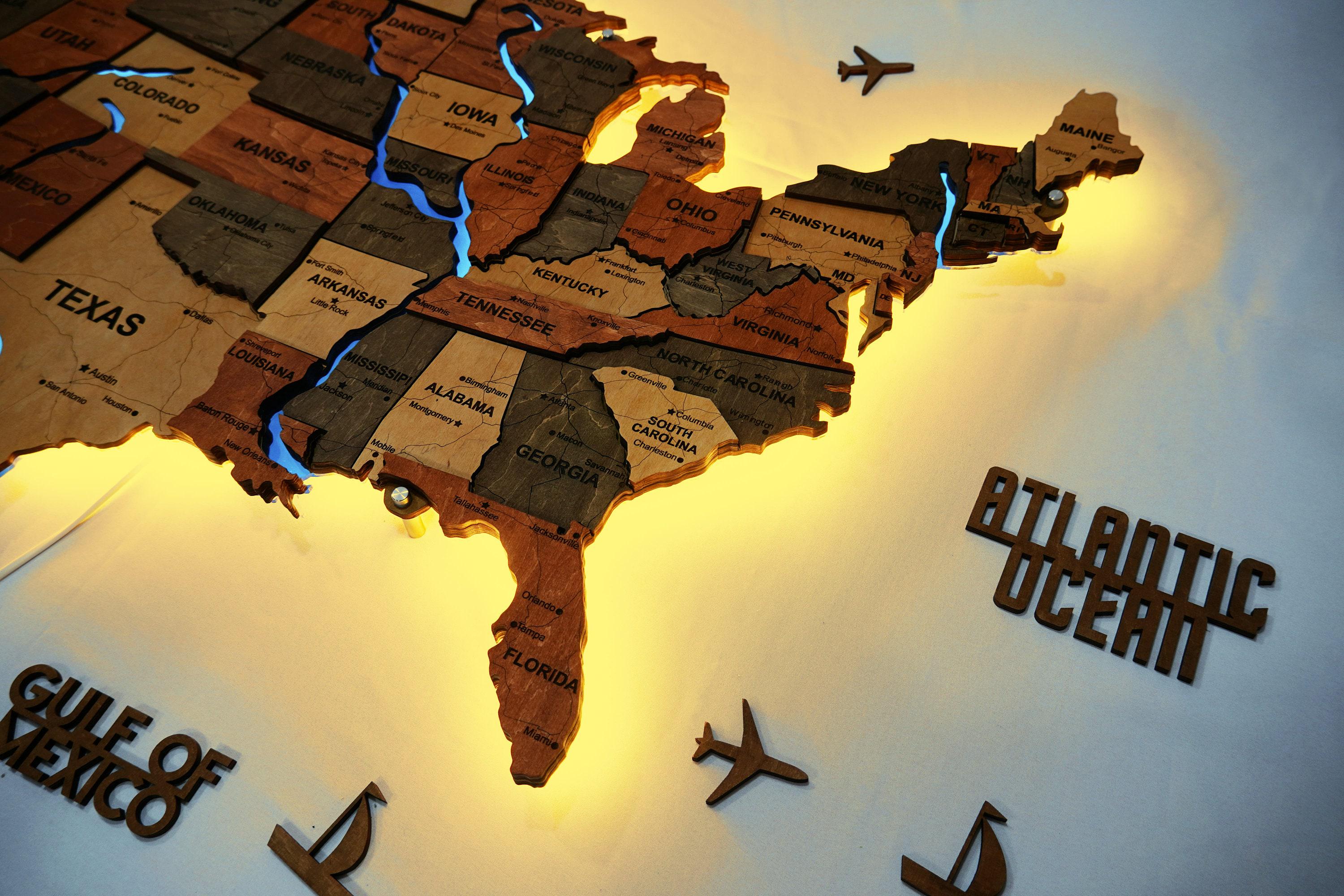 Wooden USA Map With LED Lights, Travel Tracker Wall Art, Custom Map for ...