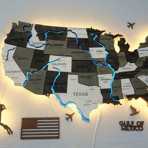 USA reiskaart LED, houten wandkaart kunst, 3D wandkaart met verlichting, houten nachtlamp kaart, USA wandkaart, wandkaart muurschildering oversized