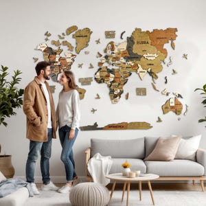 Wereldkaart aan de muur, muurschildering met wandkaart in extra groot formaat, LED-reiskaart, kunst aan de muurkaart van hout, 3D-wandkaart met verlichting, decoratie boven het bed, cadeau voor 5e jubileum