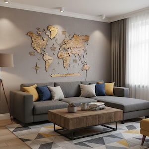 May include: A large, multi-piece wooden world map wall art installation featuring laser-cut continents, country names, and a compass rose. The map is mounted on a gray wall above a gray sectional sofa, showcasing natural wood grain textures.