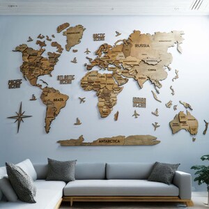 Wooden World Map with LED – Travel Gift for Him or Her | 3D Wall Art for Living Room or Office | Handmade Map Decor | Large Wall Piece