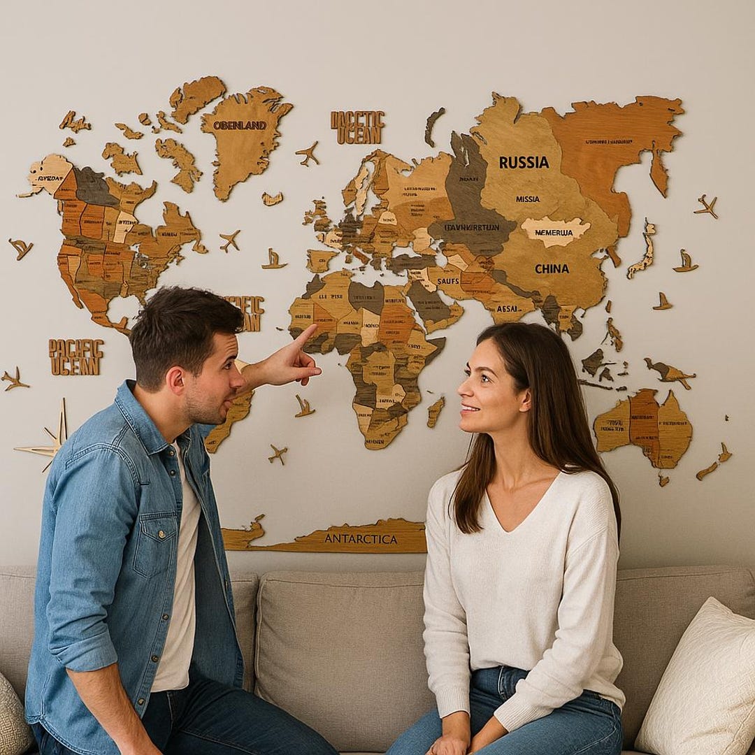Wooden World Map for Wall – 3D Wood Map Art for Couples or Family ...