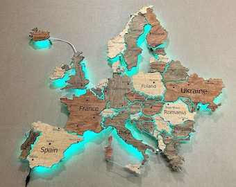Map of Europe on acrylic, Map with roads and illumination between countries "Warm" color, Wooden map, Wall art decor, RGB LED Light