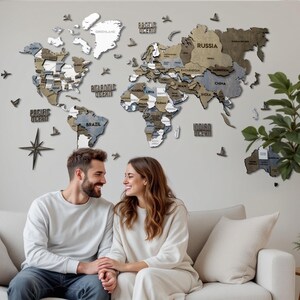 Mapa del mundo 3D para pared: mapa de madera en tonos neutros para sala de estar, decoración de viaje hecha a mano, mapa con chinchetas para regalar, decoración rústica de madera para pared.