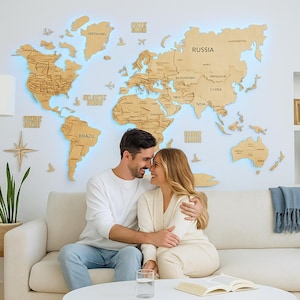 Neutrale wereldkaart wanddecoratie - Aangepaste houten 3D-wandkaart met LED, reispush-pinbord, handgemaakte kaartdecoratie voor woonkamer of kantoor als cadeau