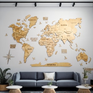 Light Wood World Map With LED Backlight – 3D Wooden Wall Art, Minimal Travel Map Decor, Push Pin Map for Modern Home or Office
