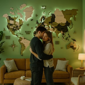 Mapa del mundo de madera en tonos neutros: arte mural 3D de madera con nombres de países, decoración minimalista de viajes, regalo rústico para el hogar o la oficina.