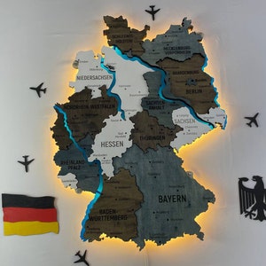 LED-Holz-Deutschlandkarte, 3D-Wanddekoration, Stecknadel-Deutschlandkarte, Vintage-Karte von Deutschland, Flusskarte, Deutschland-Geschenke, Bürodekoration, Weltkarte