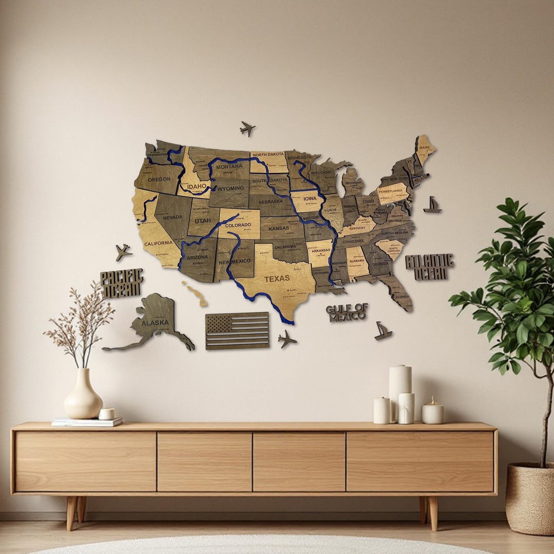 Wooden USA Map With Rivers – 3D Wall Art in Natural Wood Colors, Rustic