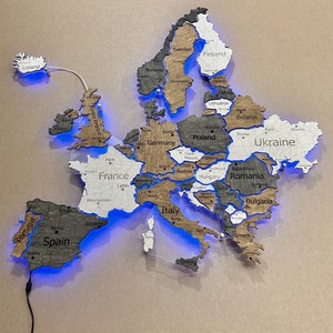 Carte LED de l’Europe, carte détaillée des épingles avec effet d’art mural 3D, cadeau pour mari ou décoration intérieure, carte d’aventure LED RVB pour la décoration de la maison, art mural