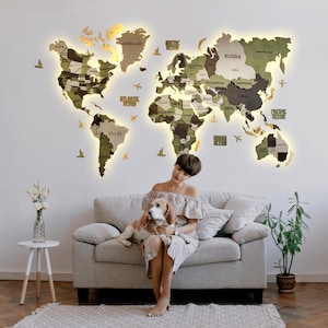 Wooden World Map Puzzle 3D Multi-Layer LED Travel Map Verde Color Wall Decor Gift