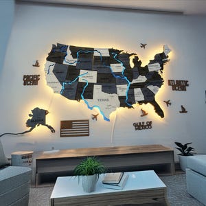USA Wooden Map With Rivers And LED – 3D Light Up Wall Art Of United States, Engraved Wooden Map With States & Waterways, Gift For Travelers