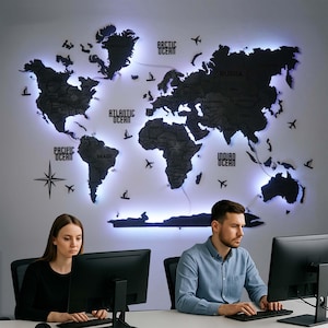 Executive houten wereldkaart – LED-wandkunst voor op kantoor | Luxe relatiegeschenk | 3D-houten kaart voor vergaderruimte, studeerkamer of receptieruimte