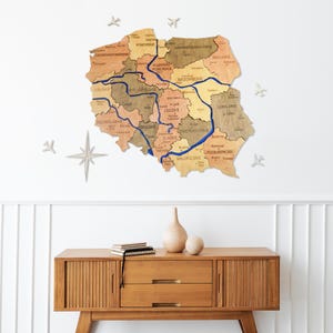 Polen Wall Art - Grote wanddecoratie voor het maken van familiereiskaarten met geschilderde rivieren, Poolse geschenken