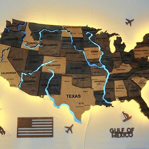 Houten 3D USA Map Wall Decor, Verenigde Staten Ontwerp voor appartement, klaslokaal, reisroutekaart, perfecte housewarming cadeau, cadeau voor reizigers