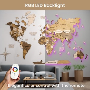Op de afbeelding: Een houten wereldkaart als wanddecoratie in verschillende bruintinten, gelabeld met landnamen en oceanen, verlicht door een RGB LED-achtergrondverlichting. De set bevat een witte afstandsbediening voor kleurinstellingen en kleine houten iconen.