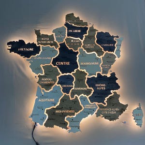 Karte von Frankreich, lasergeschnittene LED-Wandkunst aus Holz – Reisedekor, Einweihungs- und Ostergeschenk, Europa-Wohnungsornament
