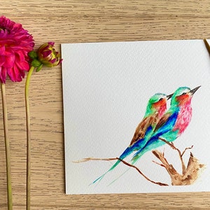 Op de afbeelding: Waterverf schilderij van twee kleurrijke vogels die op een tak zitten. De vogels zijn een levendig groen, blauw en roze. Het schilderij is op een witte achtergrond.