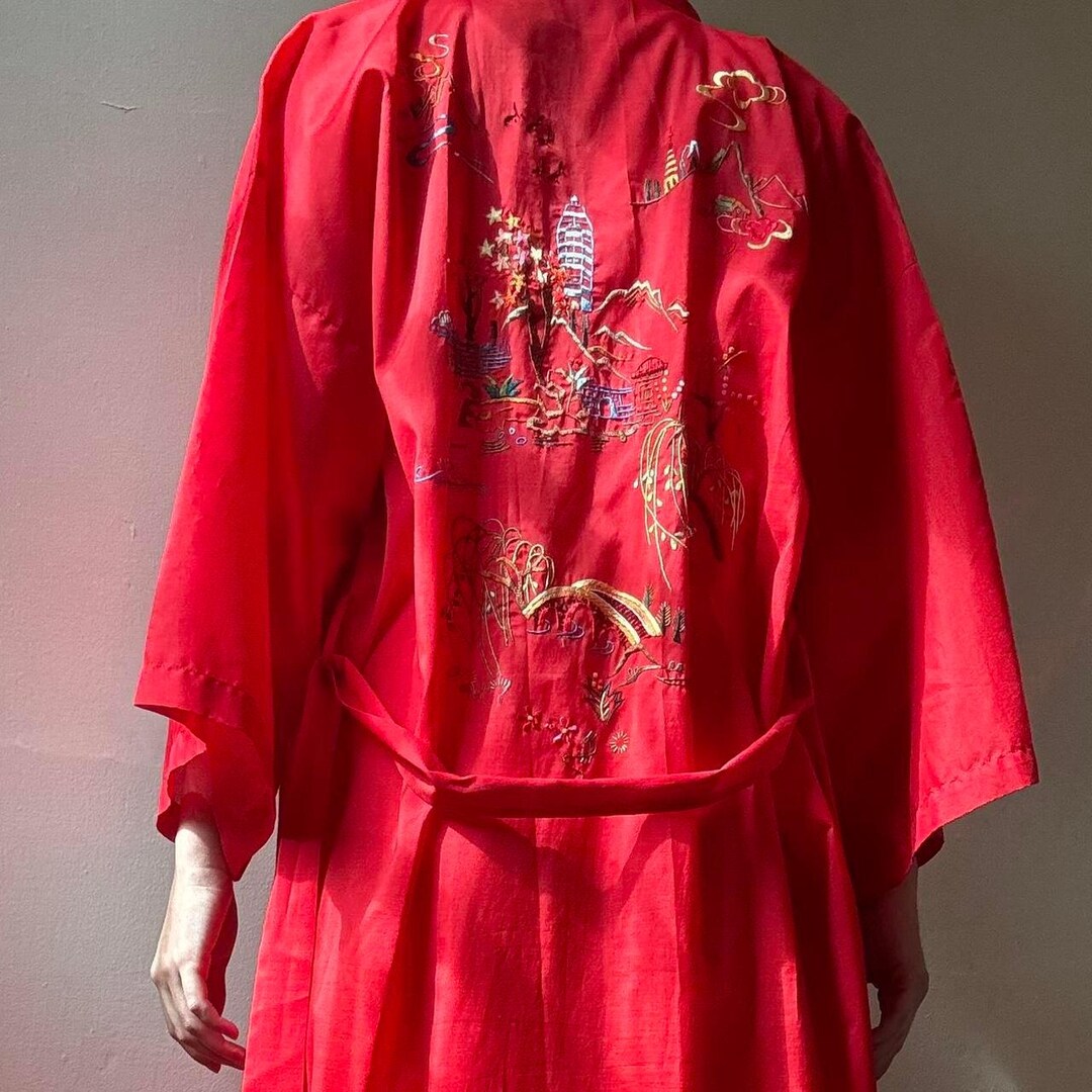Vintage Hand Embroidered Chinese Red Belted Robe Medium Bohemian ...