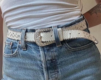 Vintage White Snakeskin Rhinestoned Western Belt Low Rise Small Medium