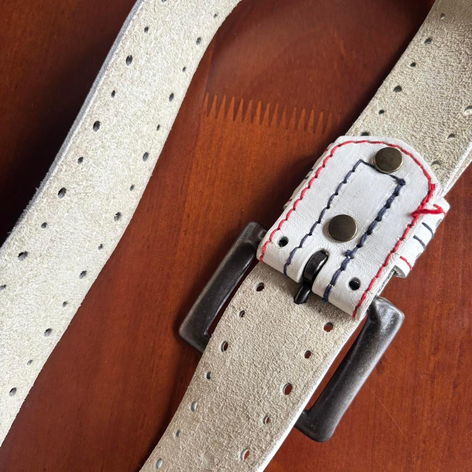 Vintage White Leather Low Rise Belt Medium 34 / 35 Y2K American Patriotic Summer USA Flag Aston White Golf Ratchet Belt 1.38 main image 4