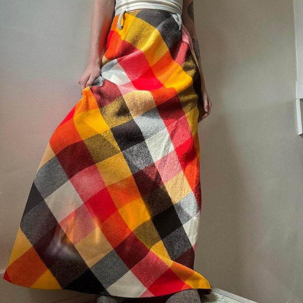 Vintage 1970s Sears Colorful Plaid Maxi Skirt 5 70s Retro Boho Hippie Preppy Fall Winter