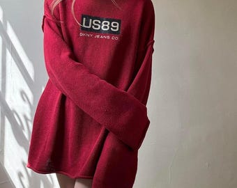 Vintage DKNY Jeans Red Oversized Sweater Small 90s Y2K Slouchy Relaxed Boyfriend Fall Winter Knit