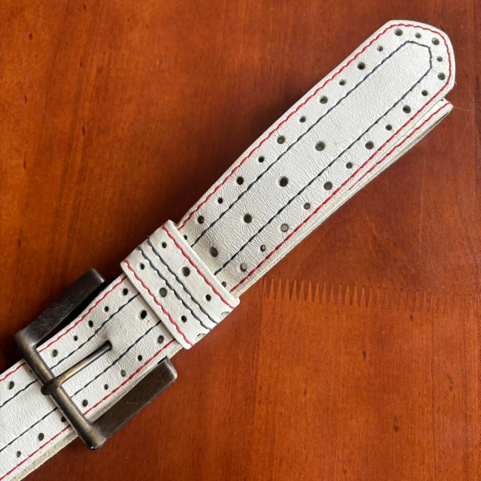 Vintage White Leather Low Rise Belt Medium 34 / 35 Y2K American Patriotic Summer USA Flag Aston White Golf Ratchet Belt 1.38 main image 2