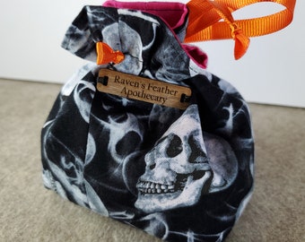 Small Cotton Dice Bag with Drawstring - Spooky Black Skulls