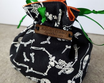 Small Cotton Dice Bag with Drawstring - Black with Glow in the Dark Skeletons
