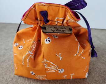 Small Cotton Dice Bag with Drawstring - Orange with White and Purple Skeletons