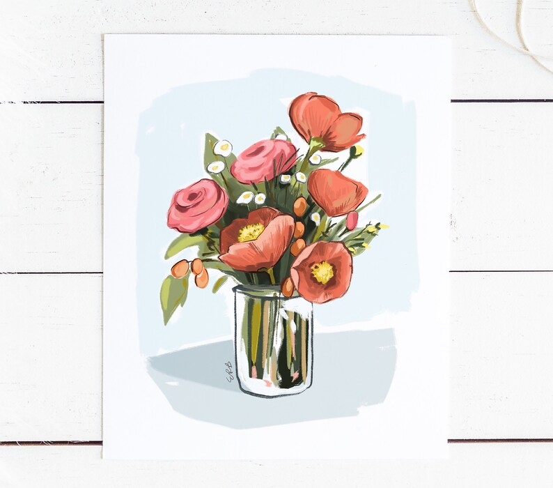 Red Floral Art Print Original Handpainted Flower Bouquet / Etsy