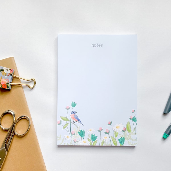 Garden bluebird notepad, 50 sheet tear off 5x7 paper pad, office stationery
