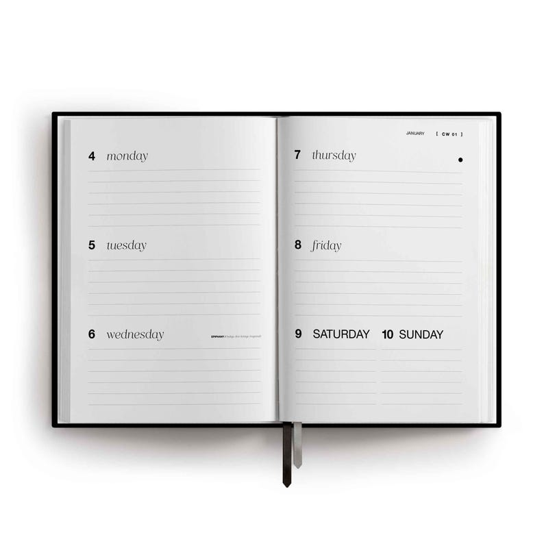 May include: An open planner with a black cover and white pages. The left page lists Monday 4, Tuesday 5, and Wednesday 6. The right page lists Thursday 7, Friday 8, Saturday 9, and Sunday 10. Each day has horizontal lines for writing. A black ribbon bookmark hangs down.