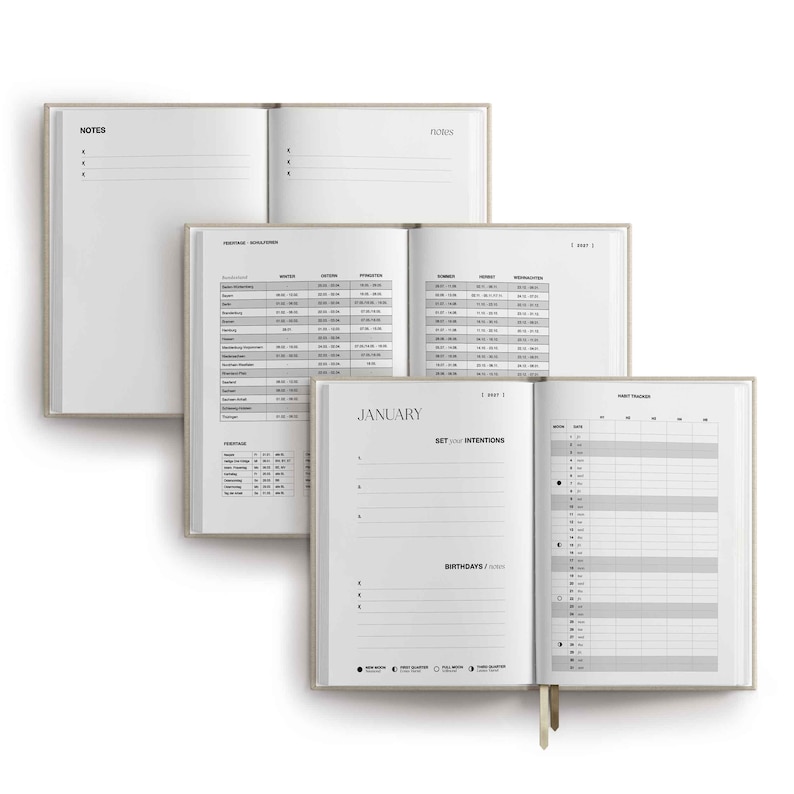May include: Three open planners with beige covers displayed in a layered arrangement. The pages feature black text, including headers like Notes, January, Set Your Intentions, and Birthdays, alongside tables for scheduling, habit tracking, and moon phases.