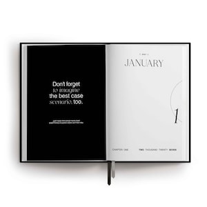 May include: An open planner with a black left page featuring white text that reads: Don't forget to imagine the best case scenario, too. Just have this crazy faith that everything is gonna work out for you. The right page is white with January 2027.